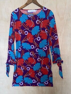 Tracy Negoshian Purple Floral Shift Dress with Blue & Red Accents